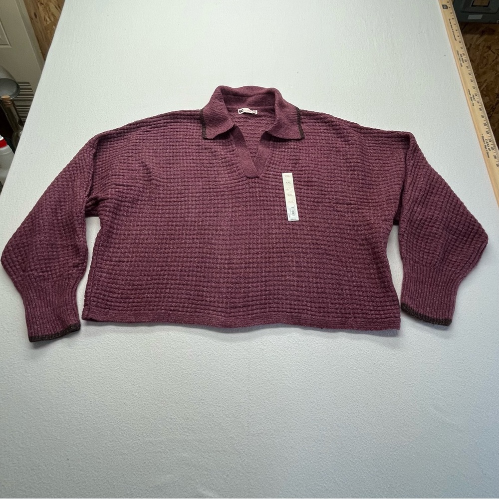 SO Polo Pullover Sweater Cropped Long Sleeve Waffle XXL Burgundy New W/Tag